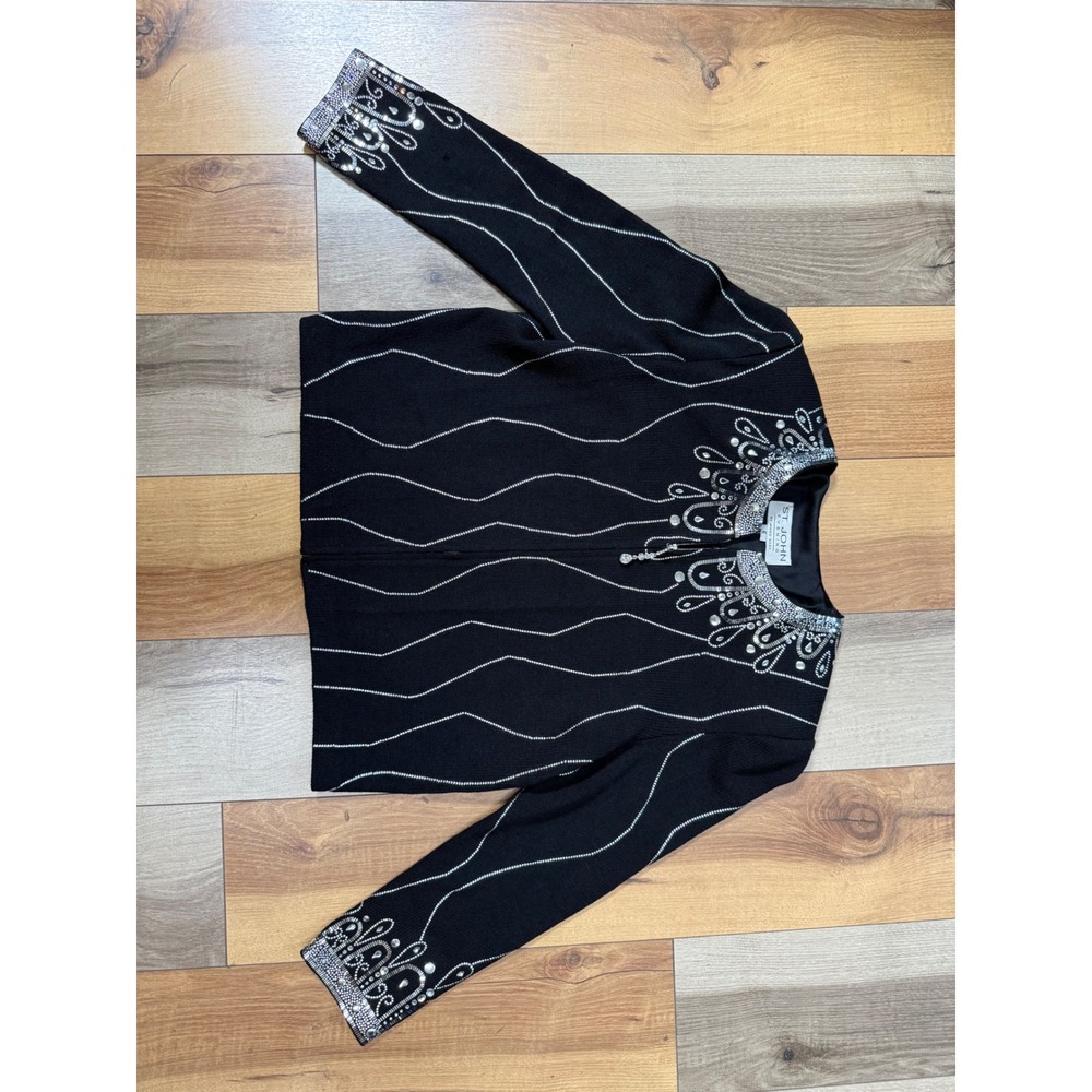 St. John Evening Jacket Women 6 Black Good Vintage Rhinestone Studded Knit Zip